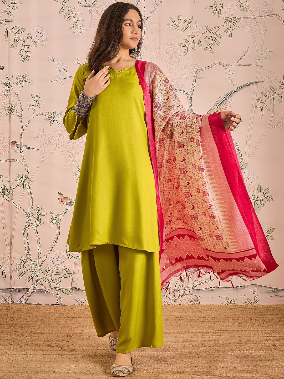 

InWeave Women Regular Kurta with Palazzos & With Dupatta, Yellow