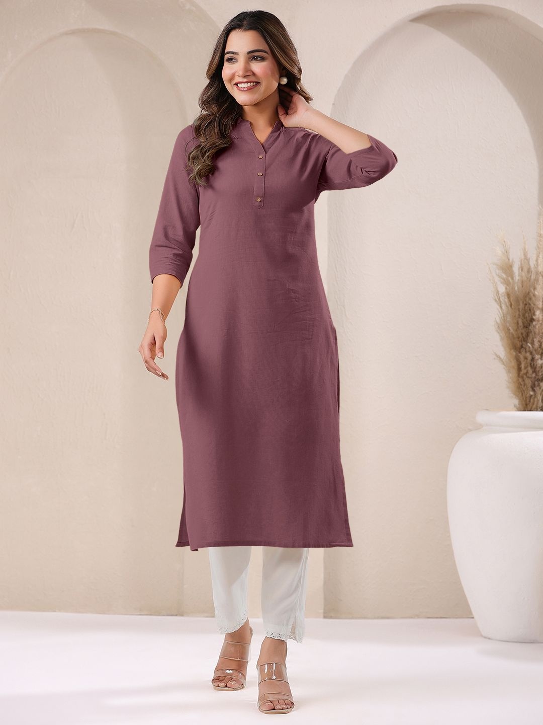 

Janasya Cotton Solid Straight Kurta, Mauve