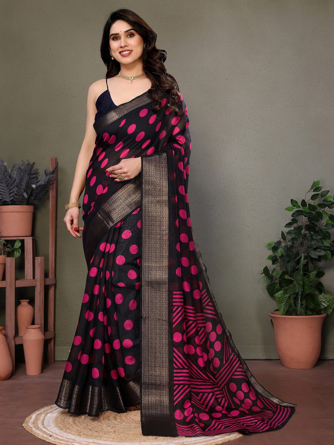 

Moda Rapido Polka Dot Zari Saree, Brown