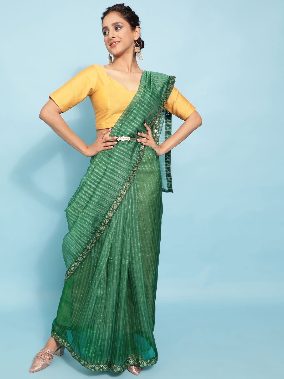 

Suha Embellished Sequinned Organza Saree, Green