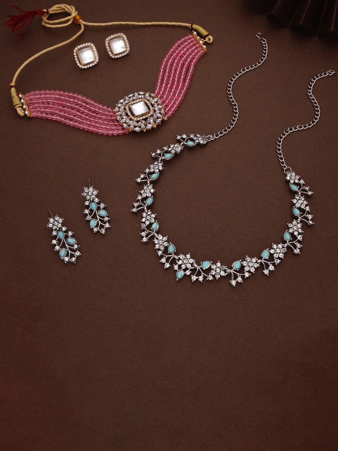 

Lyriss Set Of 2 Silver-Plated American Diamond Studded Jewellery Set, Blue