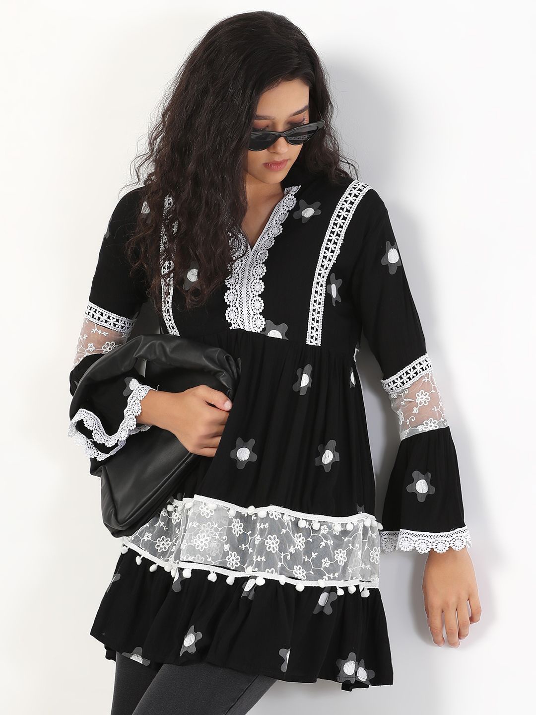 

SHOWOFF Floral Print Mandarin Collar Bell Sleeve Cotton Longline Top, Black