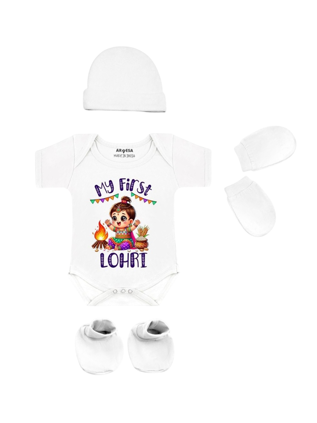

Arvesa Infants My First Lohri Printed Bodysuit with Cap Booties Mitten, White