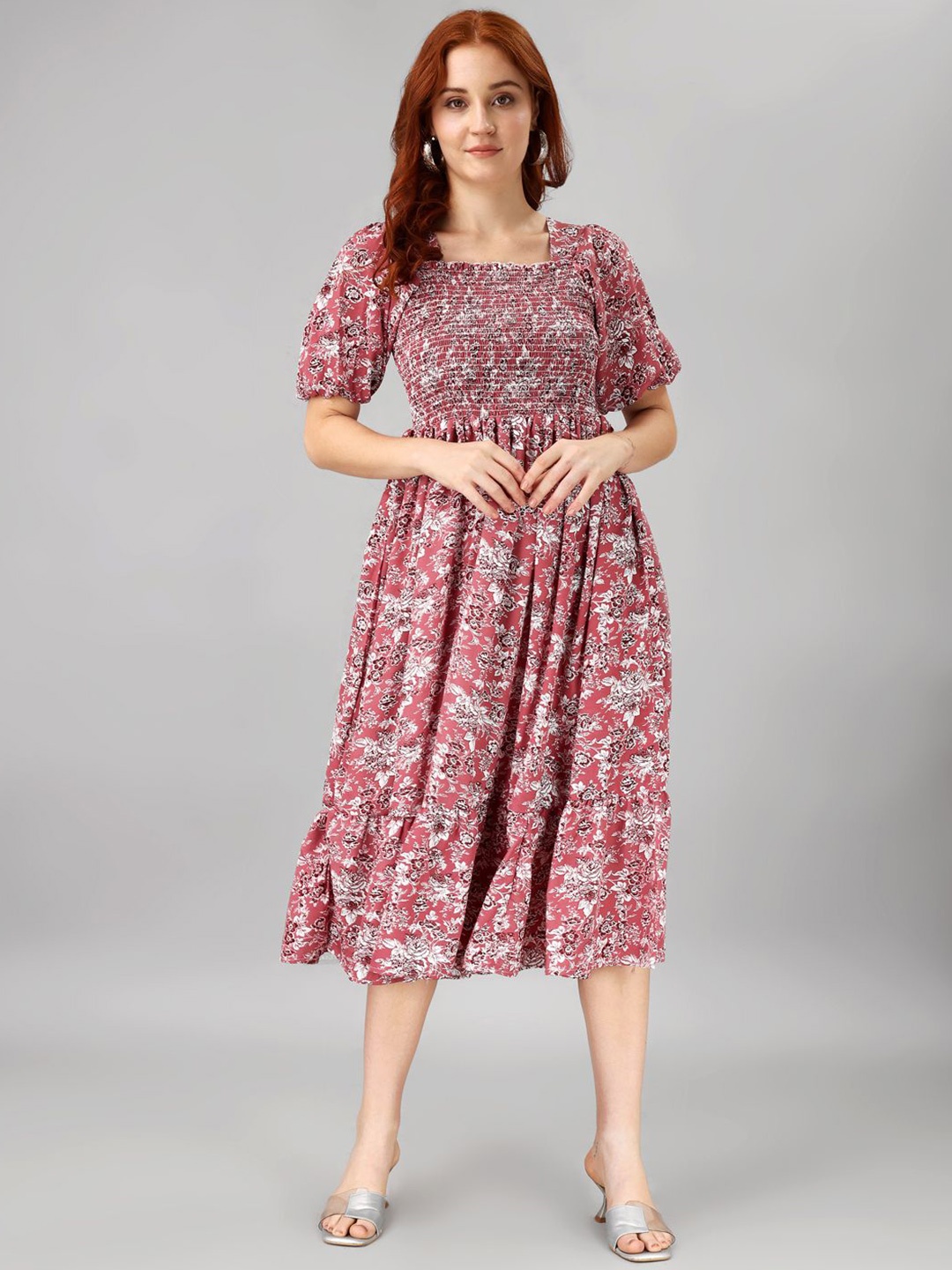 

Raiyani Fashion Floral Print Puff Sleeve Applique Fit & Flare Midi Dress, Pink