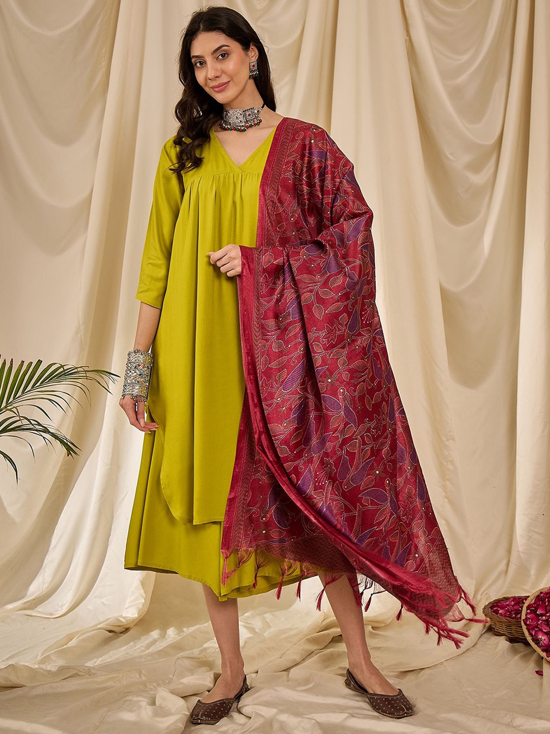 

InWeave Women Regular Kurta with Palazzos & With Dupatta, Yellow
