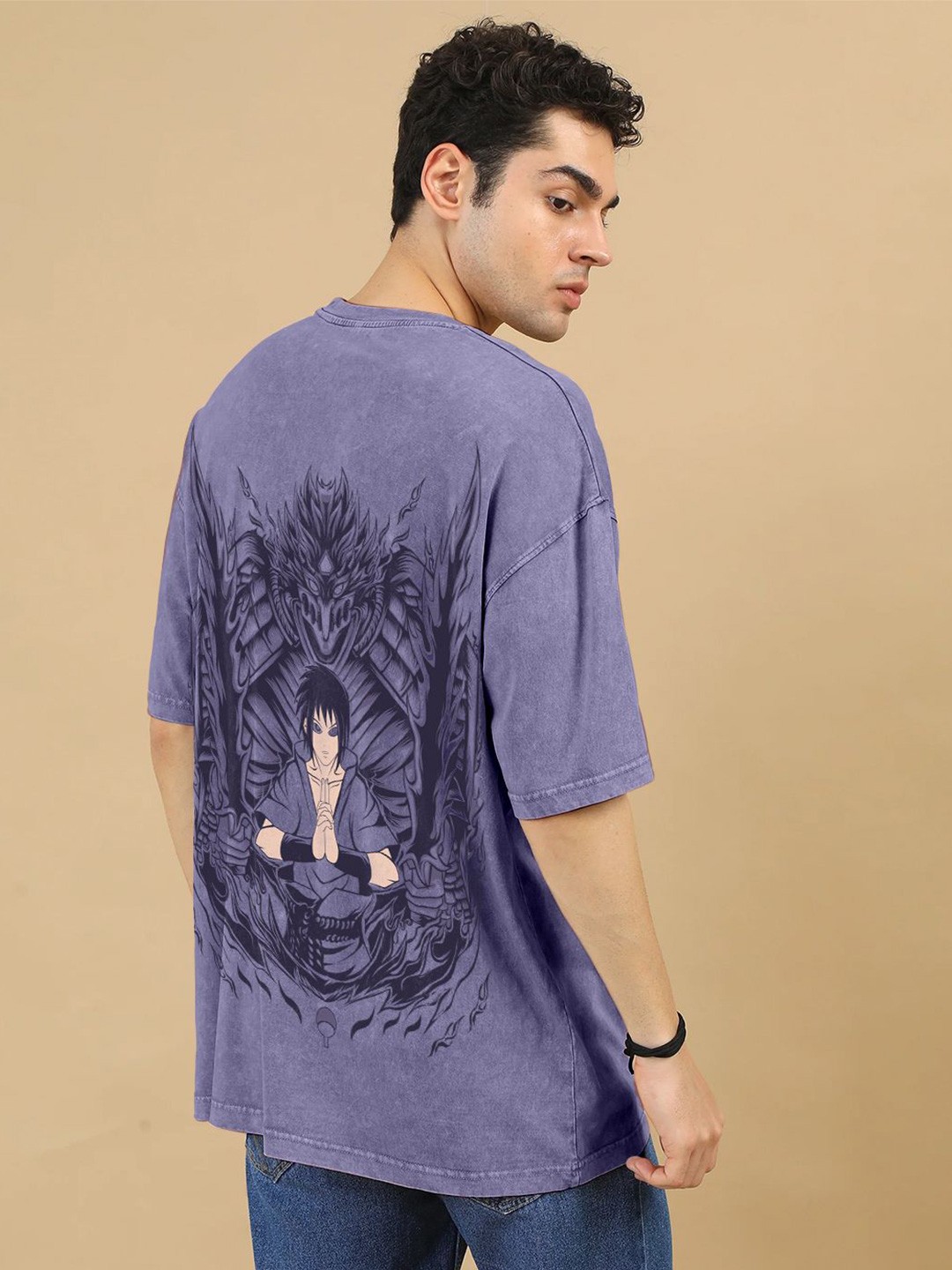 

Crazymonk Men Printed Extended Sleeves Raw Edge T-shirt, Lavender