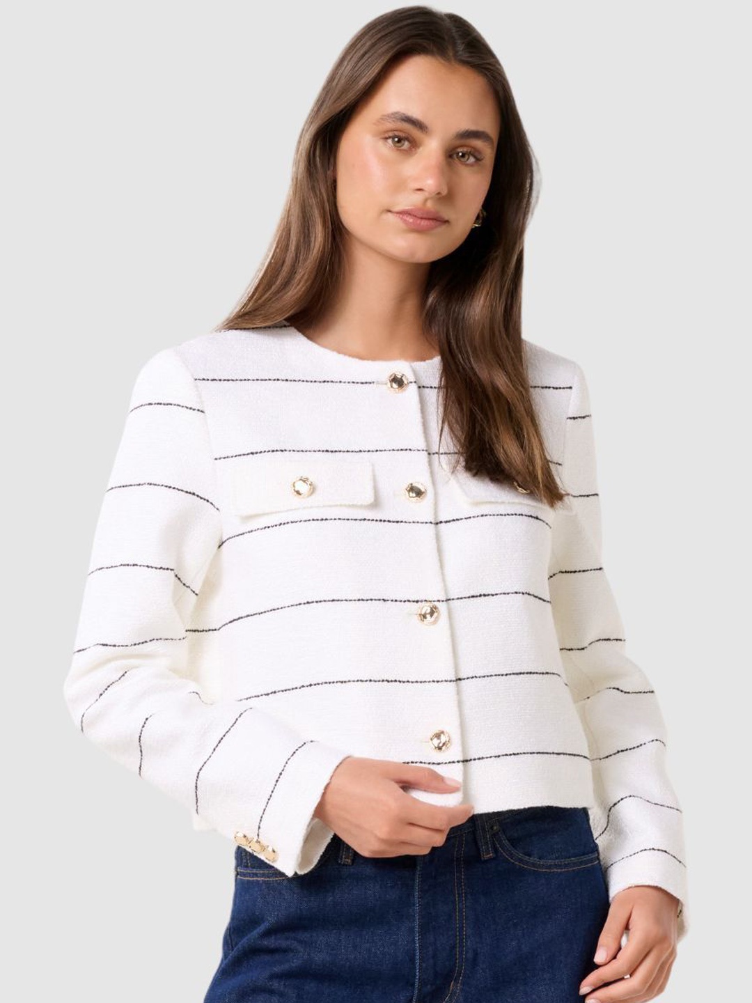 

Forever New Women Striped Crop Tailored Jacket, White