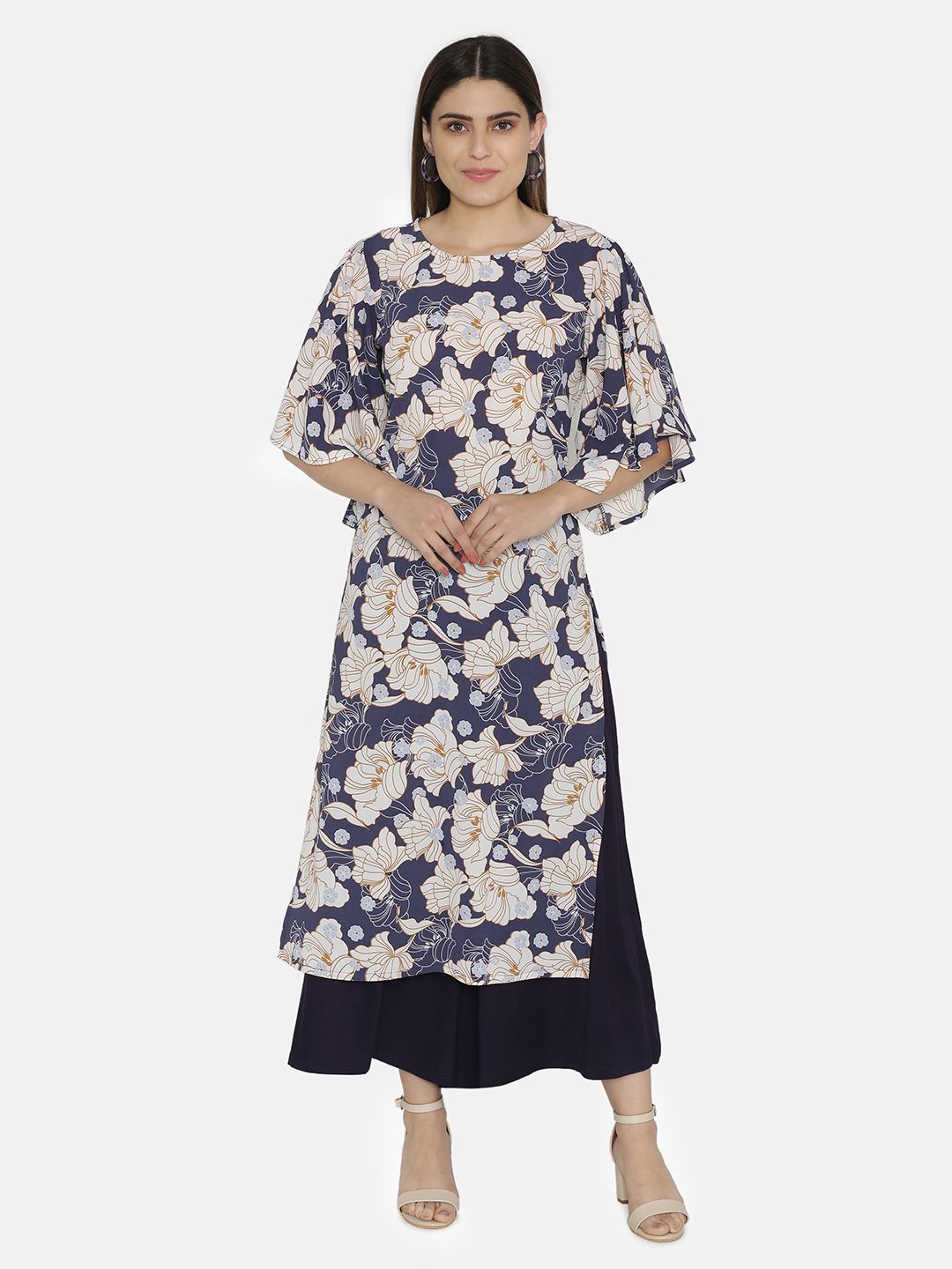 

VEGAL Floral Printed Flared Sleeves A-Line Kurta, Blue