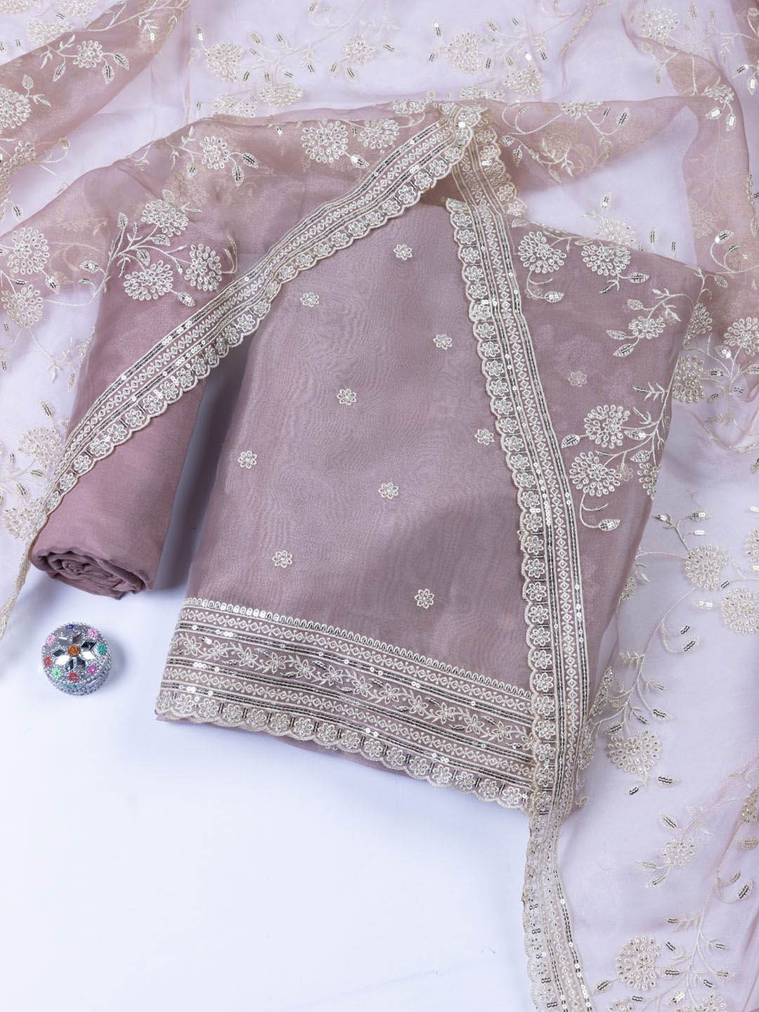 

Meena Bazaar Embroidered Organza Unstitched Dress Material, Mauve