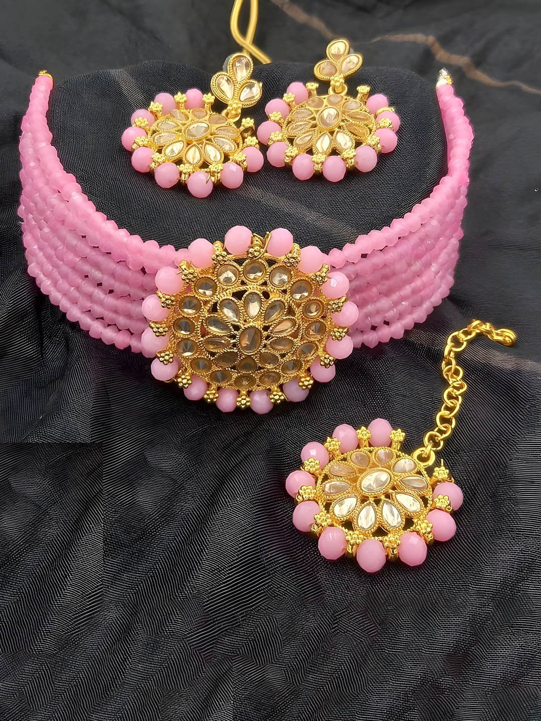 

JMBW INTERNATIONAL Set Of 2 Gold Plated Stone Studded & Beaded Jewellery Sets
