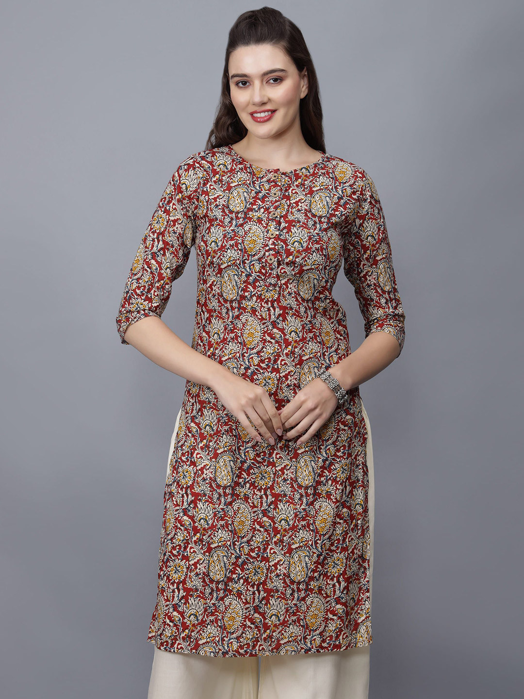 

ETRAANA Printed Pure Cotton Round Neck Kurta, Red