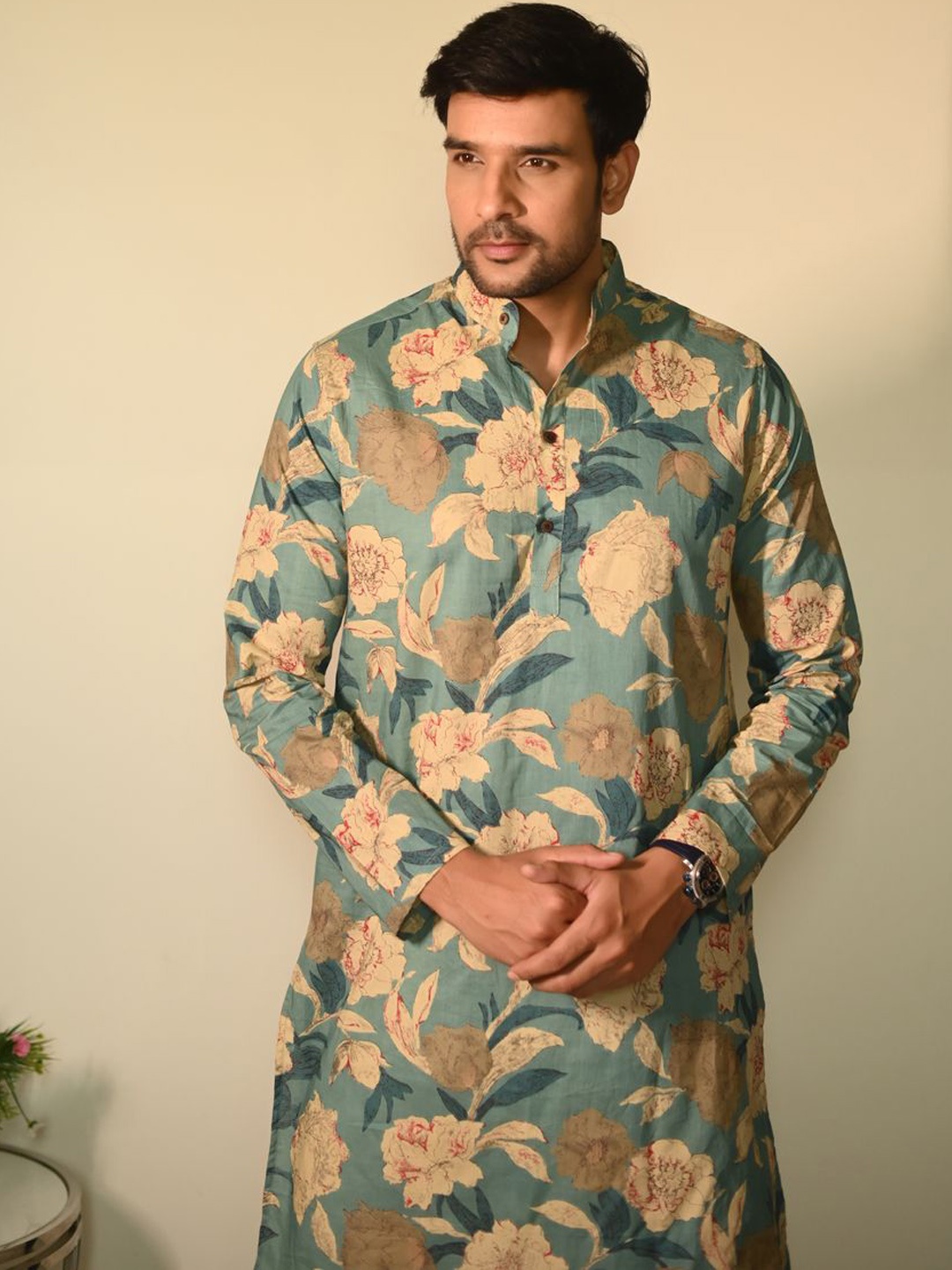 

Style Matters Floral Printed Band Collar Straight Kurta, Teal