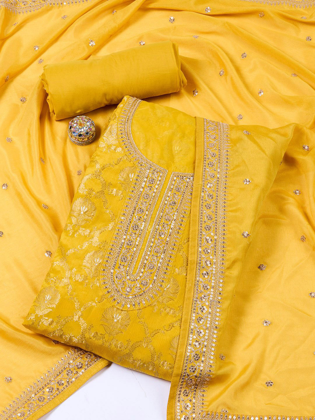 

Meena Bazaar Art Silk Unstitched Dress Material, Yellow