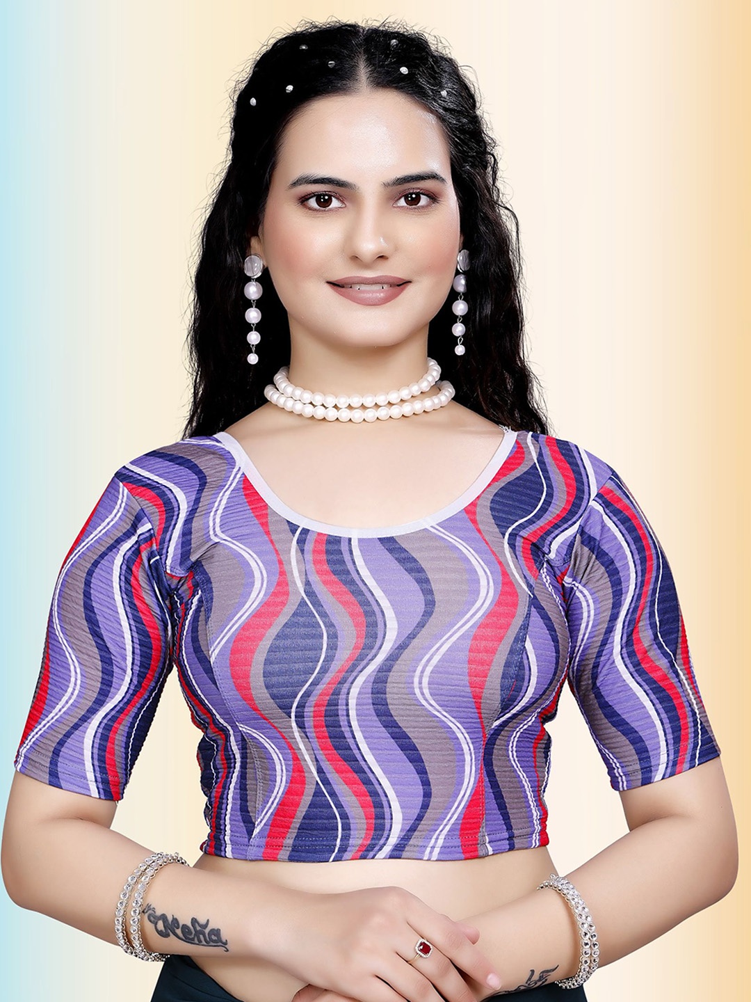 

TANISHM FEB TEX Printed Cotton Saree Blouse, Blue