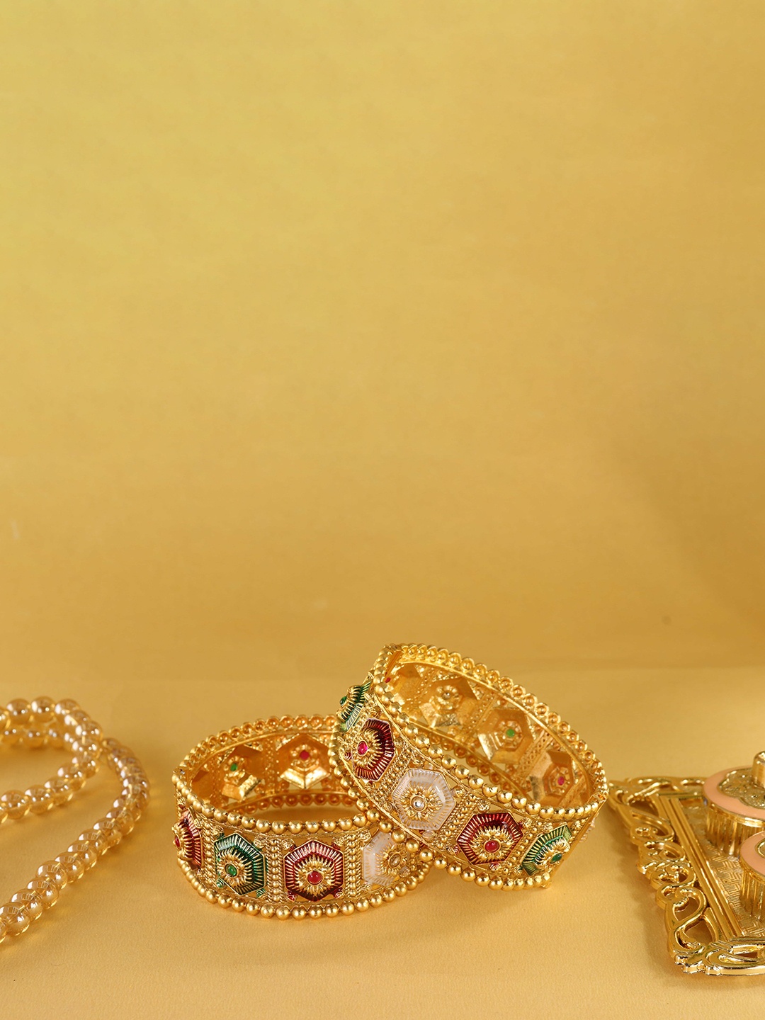 

LAVAZZA Set Of 2 CZ & AD Stone Studded Bangles, Gold
