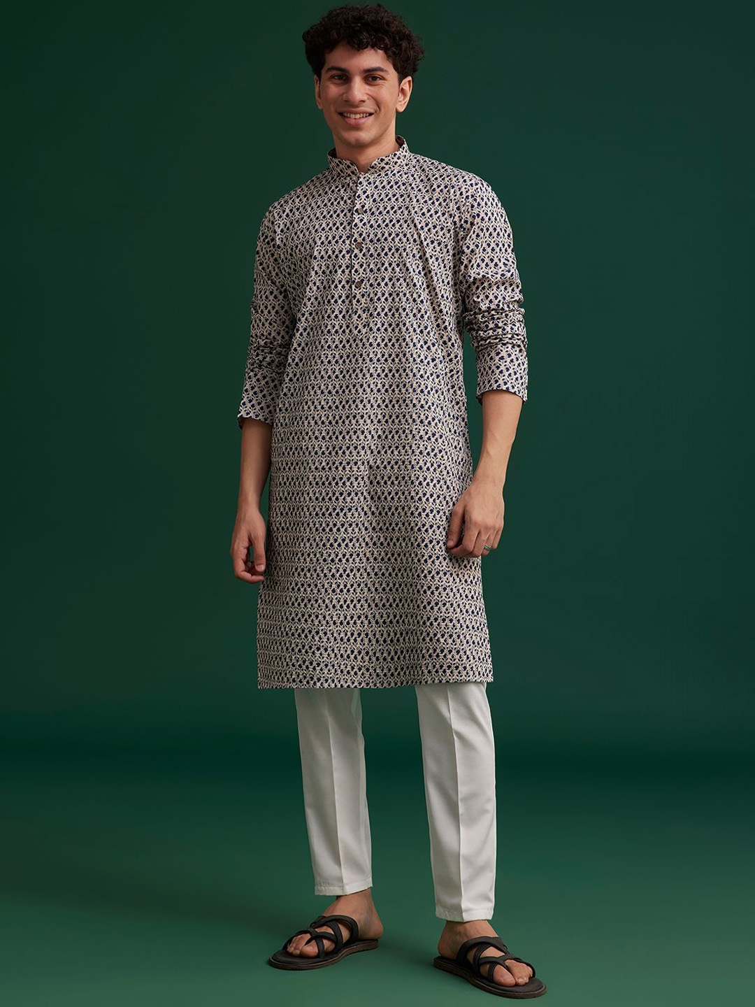 

KALKI Fashion Men Floral Printed Regular Kurta with Trousers, Grey