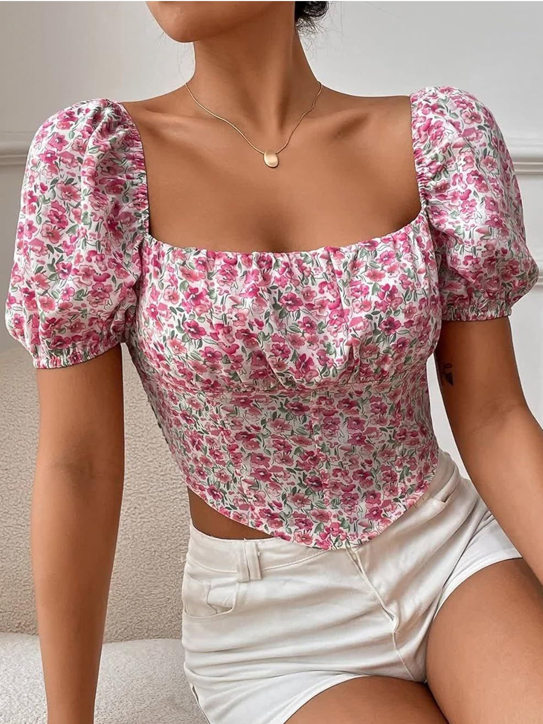 

Projas Floral Puff Sleeve Crop Top, Pink