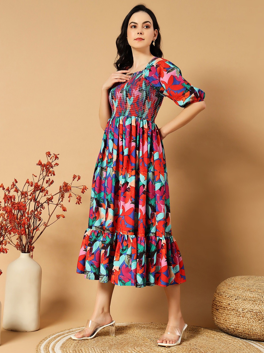 

Jash Creation Floral Print Applique Crepe Fit & Flare Dress, Multi