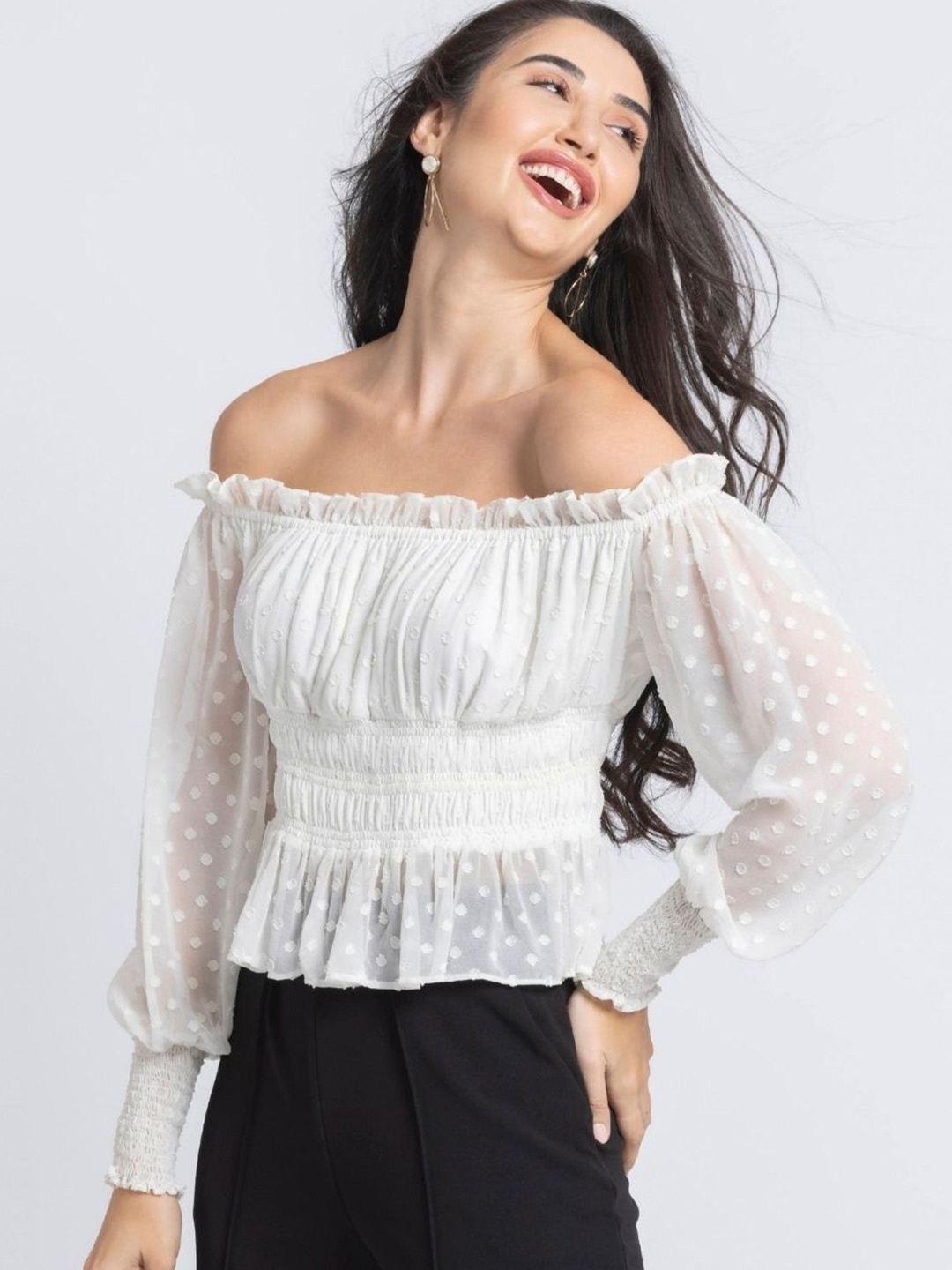 

JULO Polka Dot Off-Shoulder Georgette Bardot Top, Off white