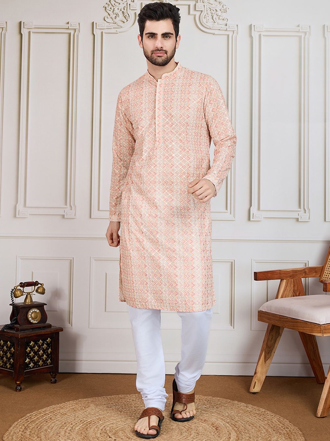 

House of Pataudi Printed With Sequins Embellished Cotton Straight Kurta, Orange