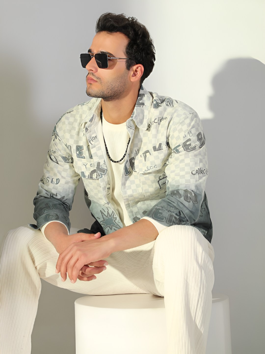 

SHOWOFF Typography Printed Cotton Spread Collar Shacket, Cream