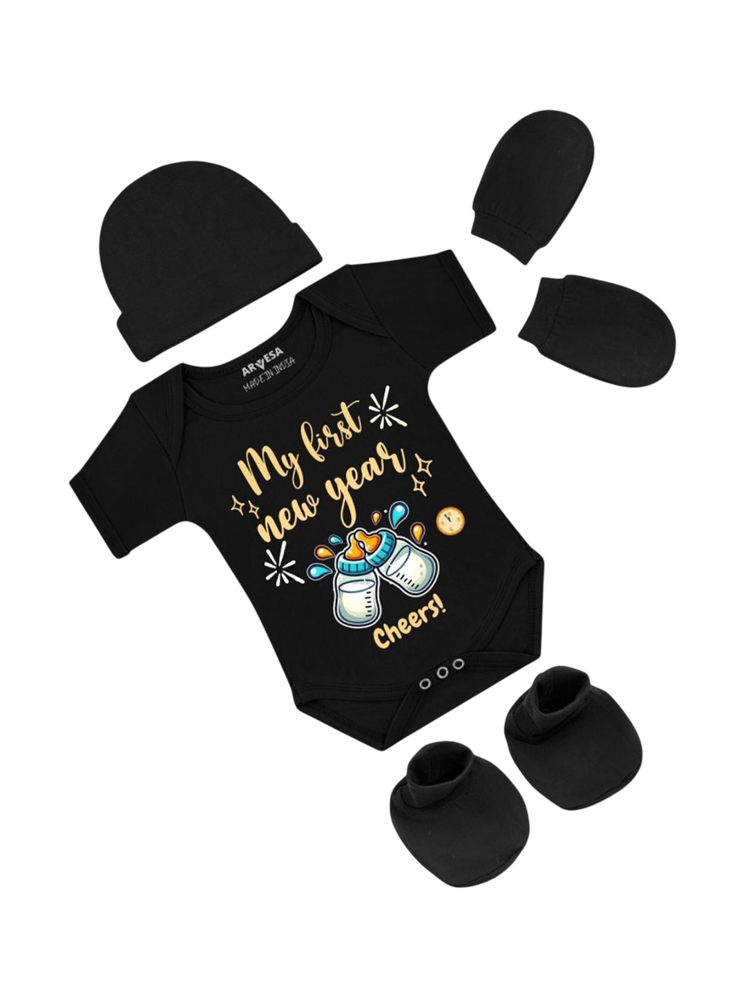 

Arvesa Infants My First New Year Printed Bodysuit with Cap Booties Mitten, Black
