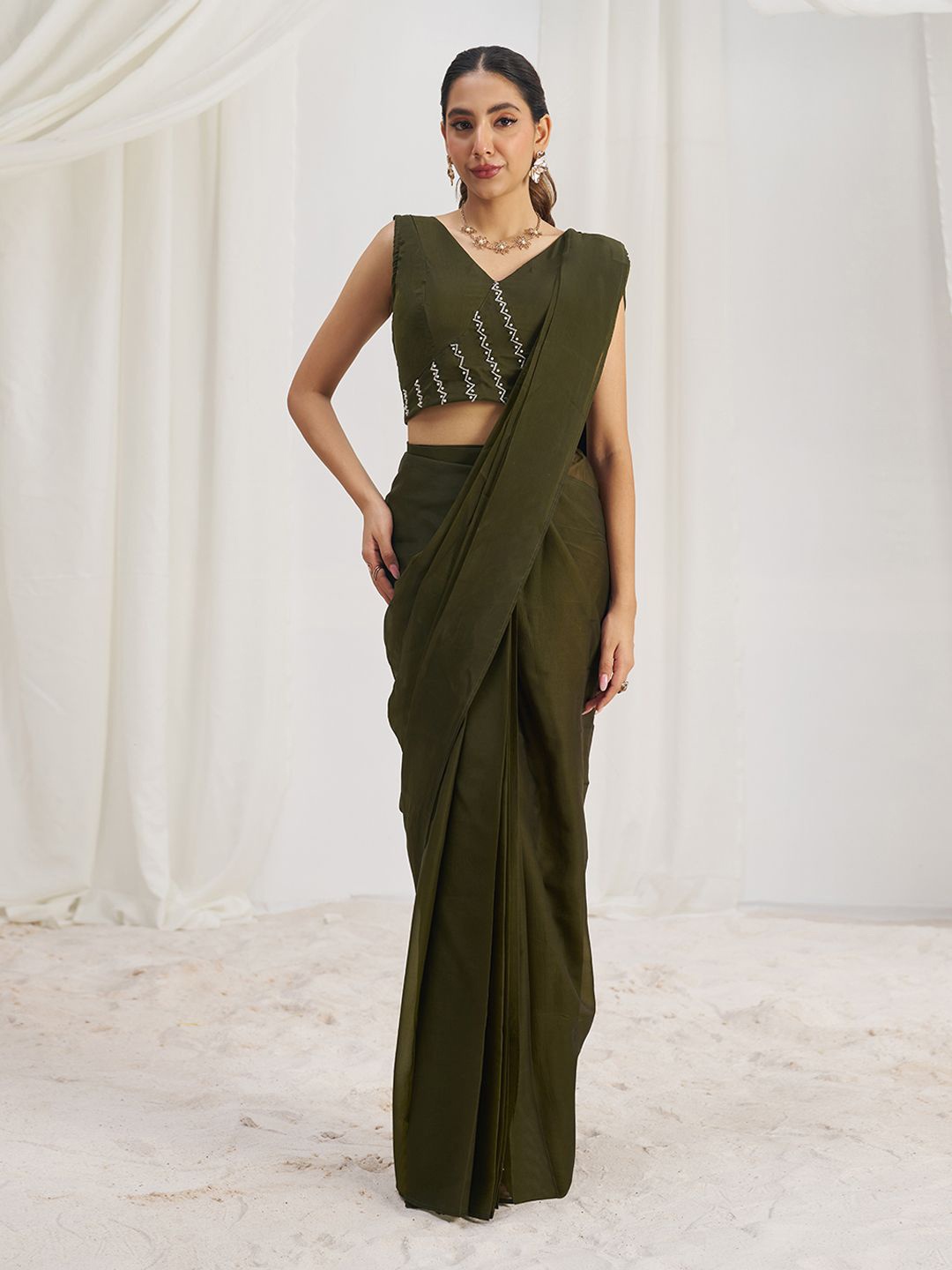 

Fusionic Handwork Saree with Pearl Embroidered Blouse, Olive