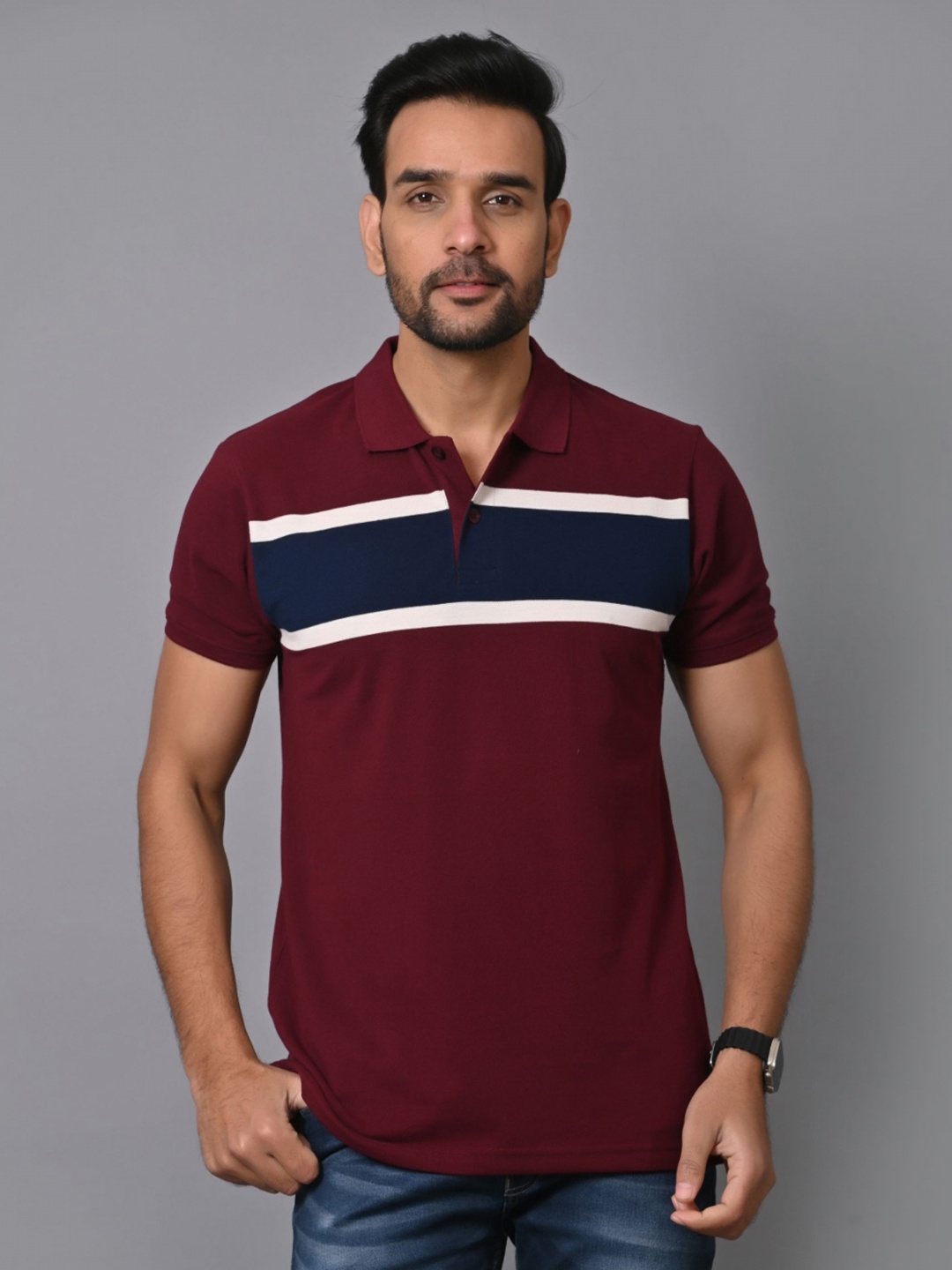 

ARBOUR Men Striped Polo Collar Slim Fit T-shirt, Multi