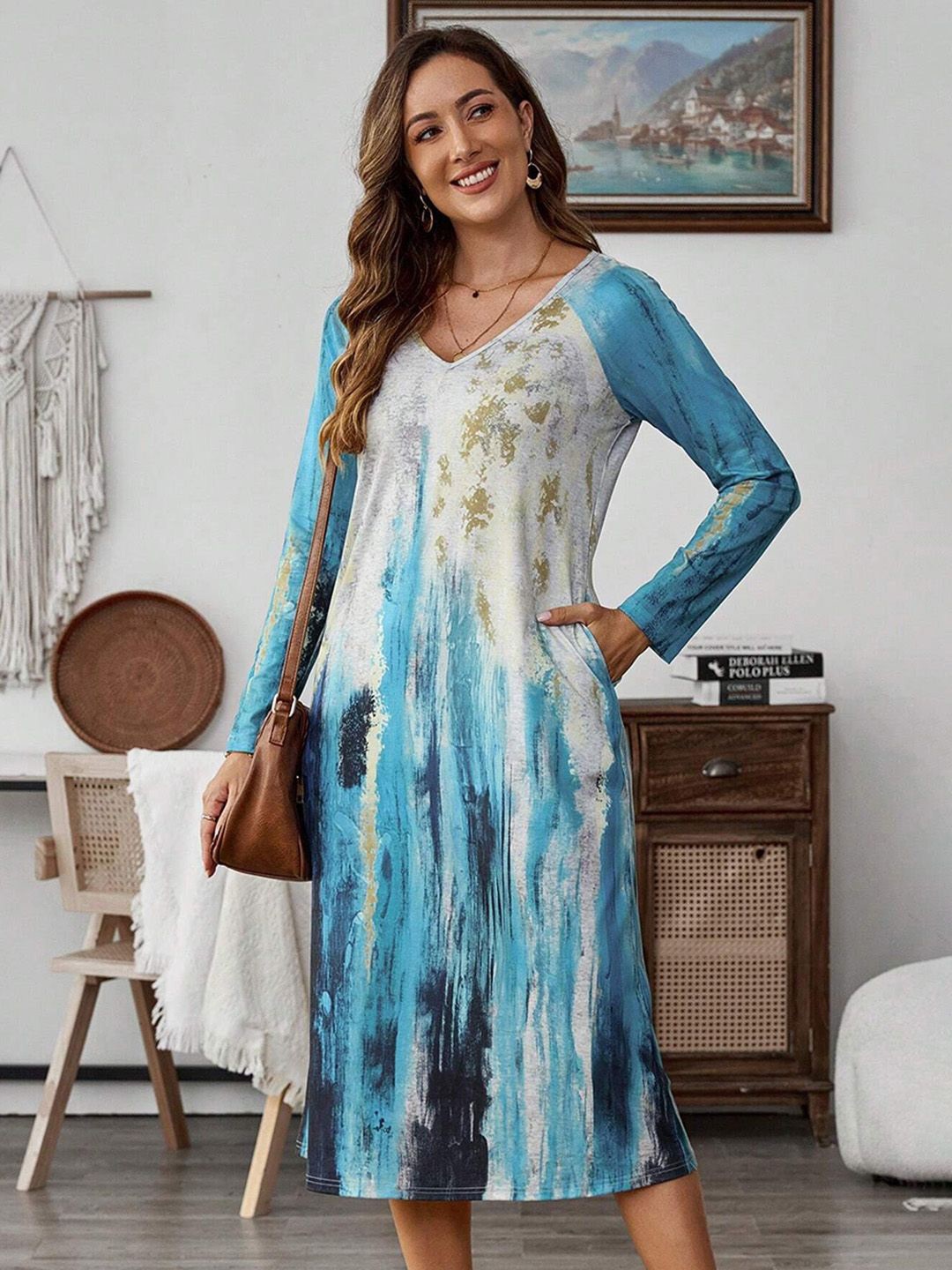 

JC Mode Tie and Dye Print A-Line Dress, Blue