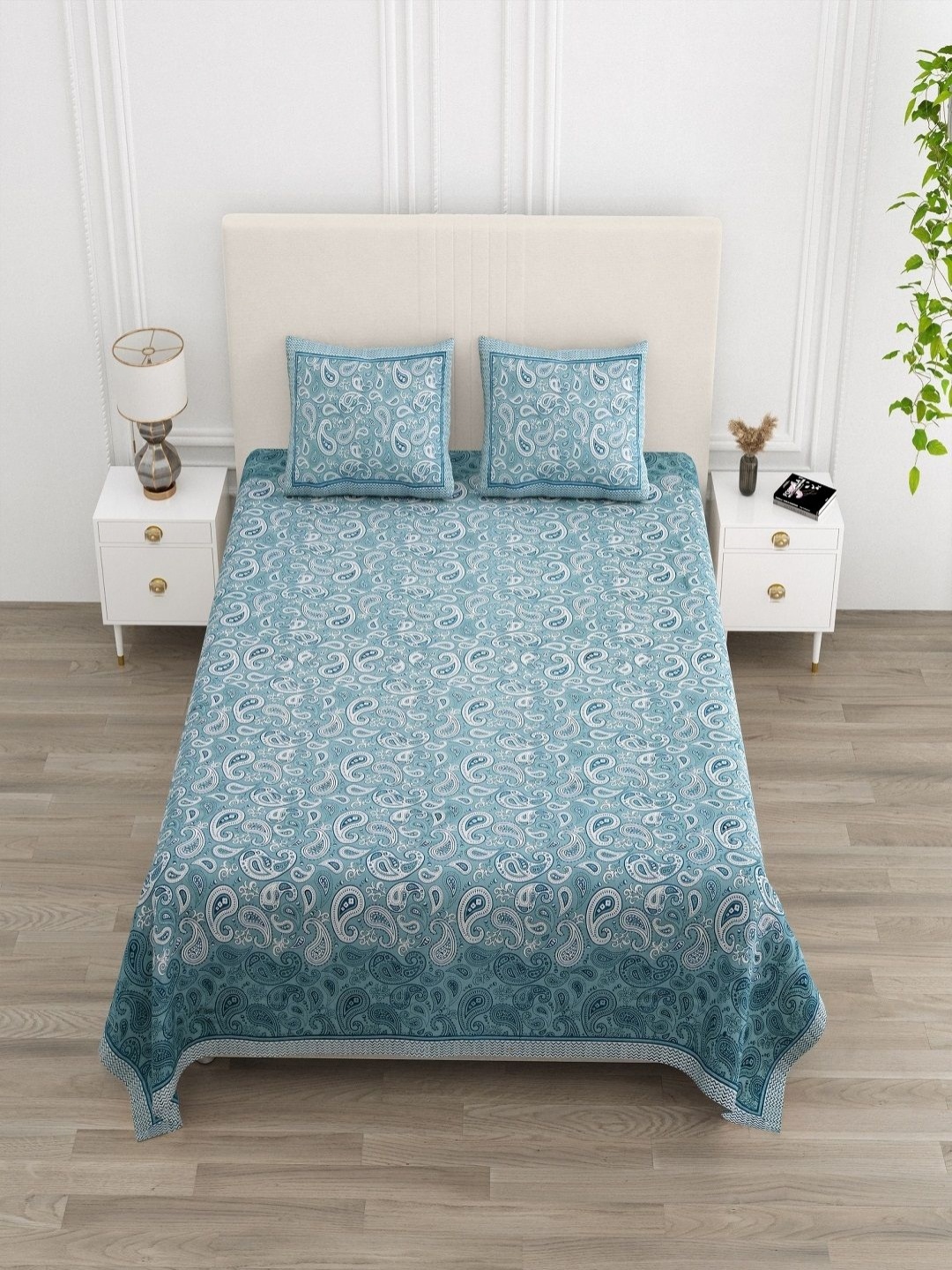 

tundwal's Blue & White Floral Printed 210 TC Cotton King Bedsheet Set 2.2 m x 2.74 m