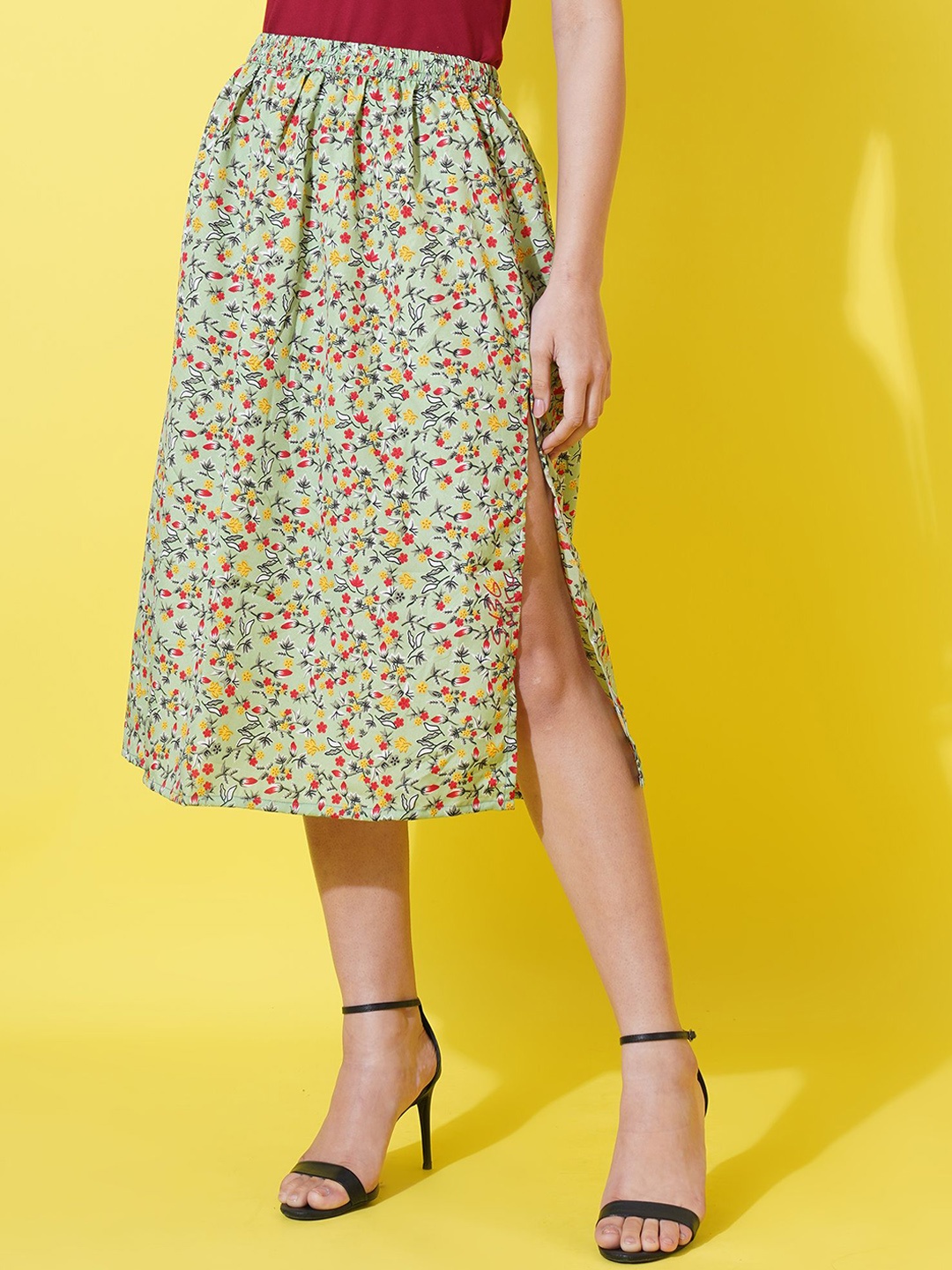 

GUDWEARS Floral Printed A-Line Midi Skirt, Lime green