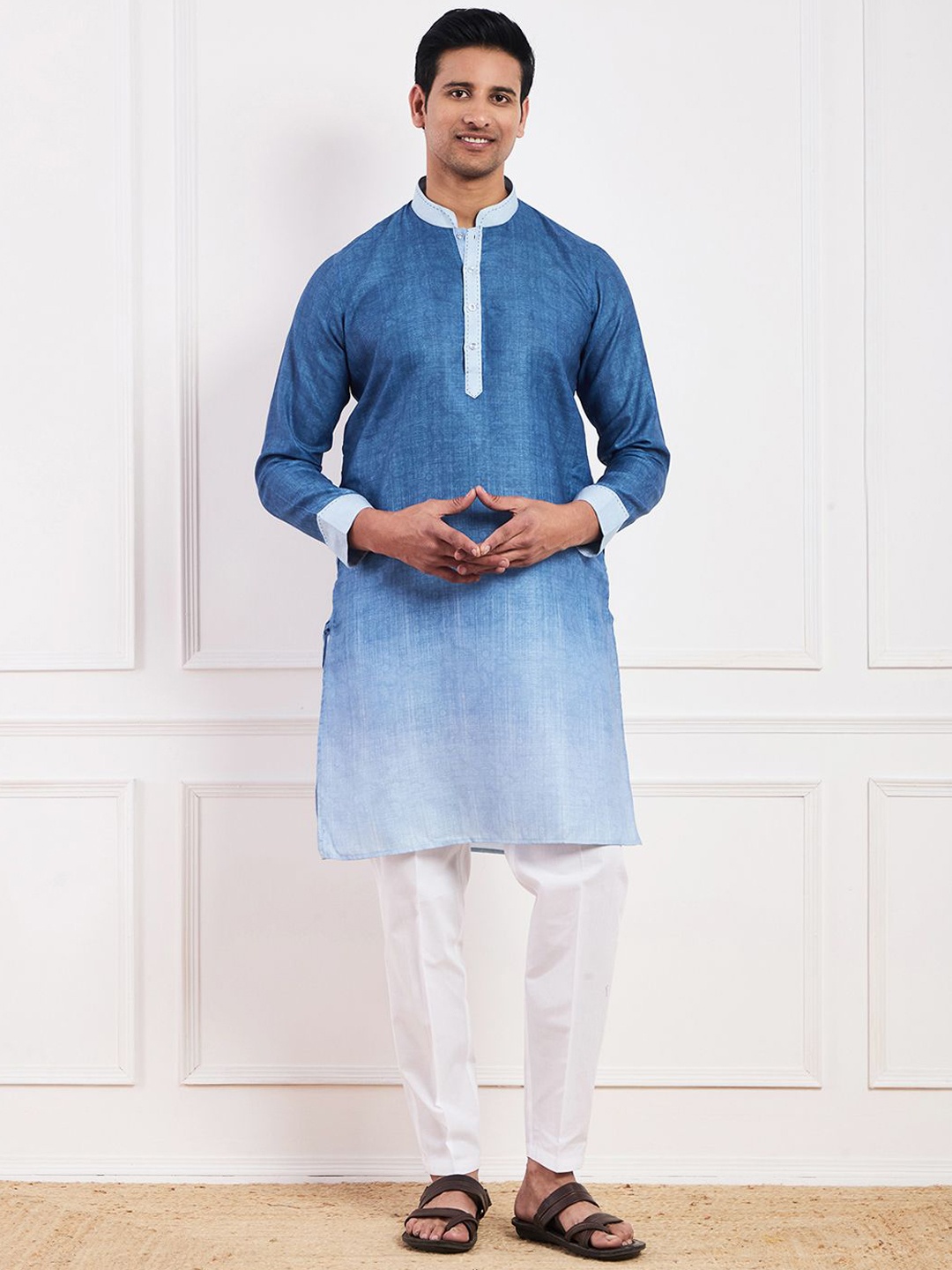 

Satwaa Ombre Dyed Thread Work Mandarin Collar Cotton Straight Kurta, Blue