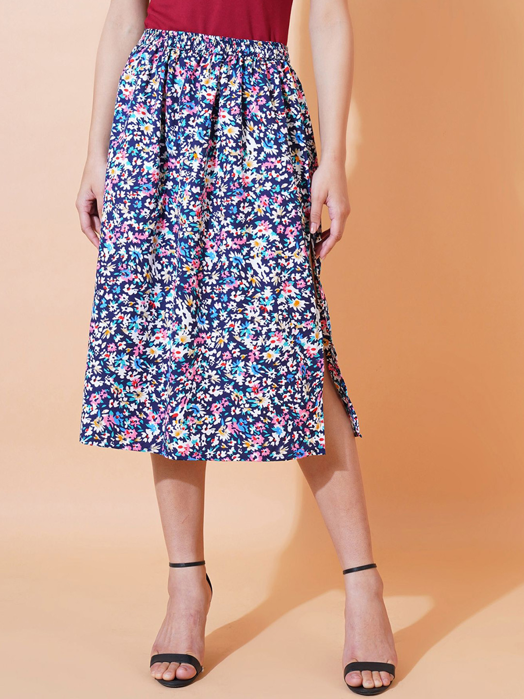 

FebQ Floral Printed A-Line Midi Skirt, Blue