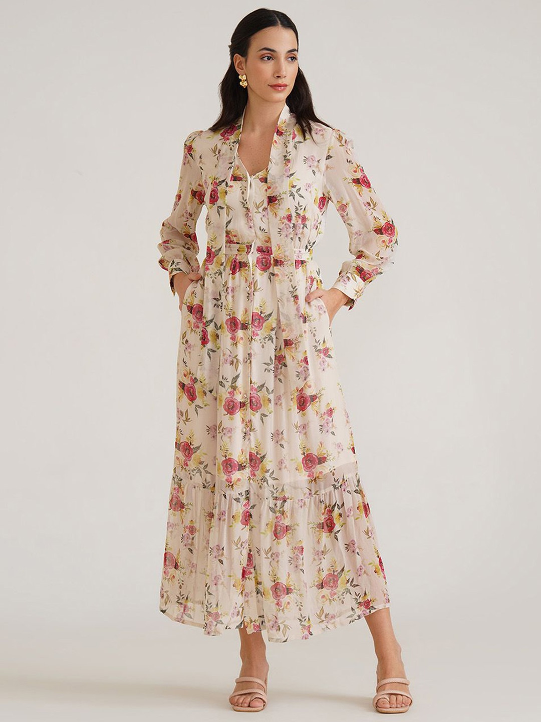 

B77 Floral Print Tie-Up Neck Chiffon Maxi Dress, Off white