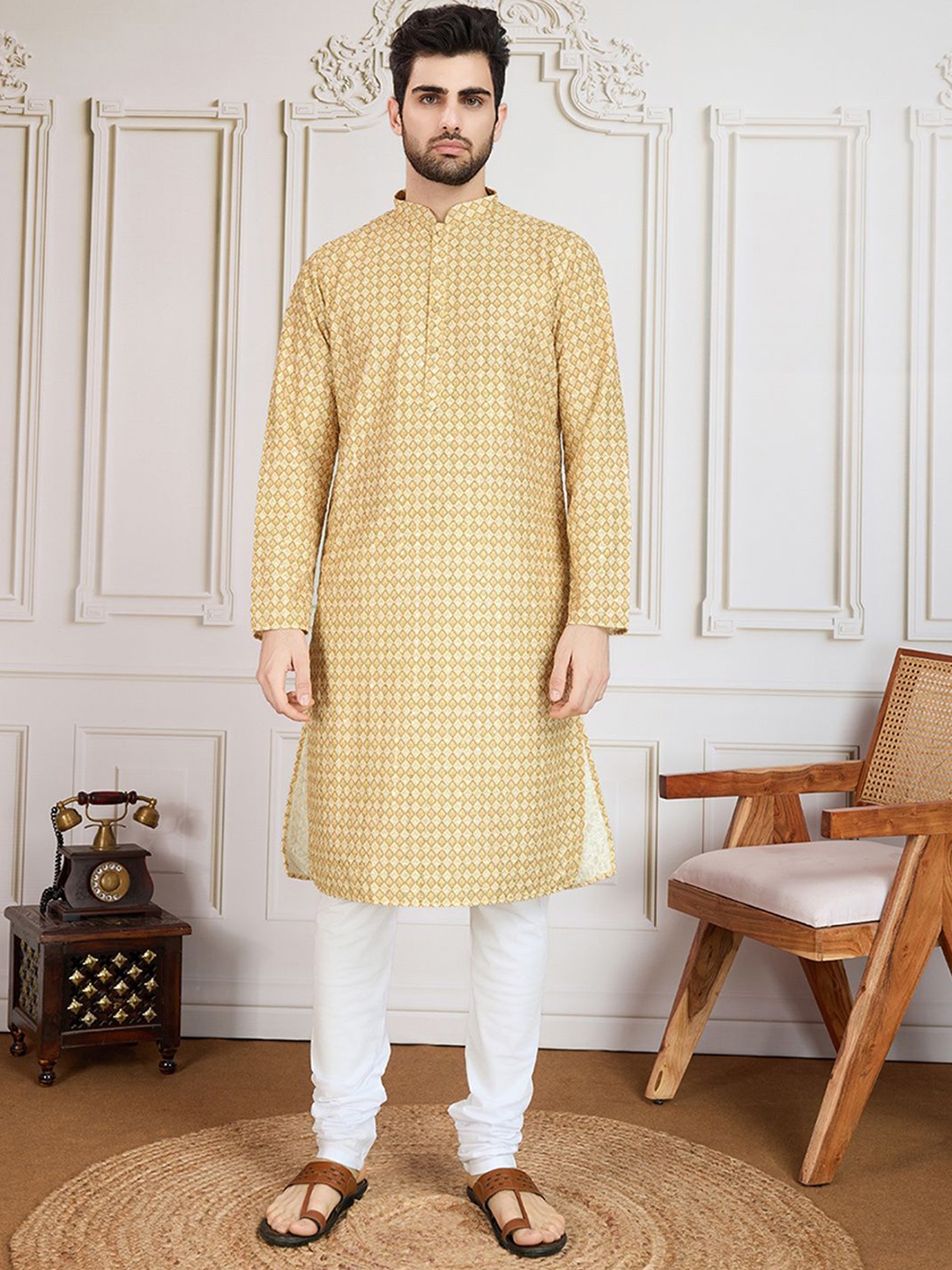 

House of Pataudi Printed With Embroidered Cotton Straight Kurta, Brown
