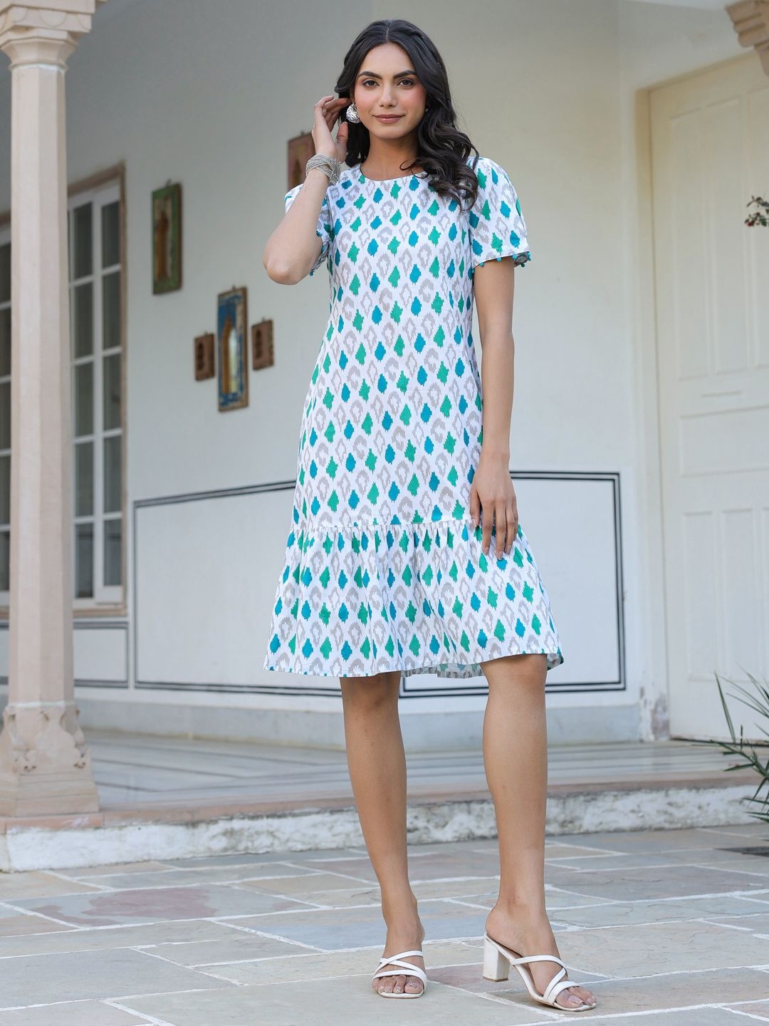

Janasya Pure Cotton Ikkat Printed A-line Dress, White