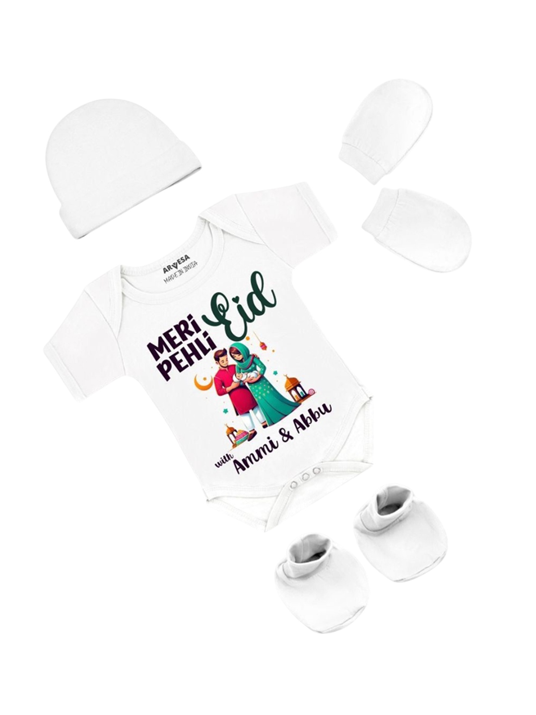 

Arvesa Infants Meri Pehli Eid With Ammi & Abbu Printed Bodysuit with Cap Booties Mitten, White