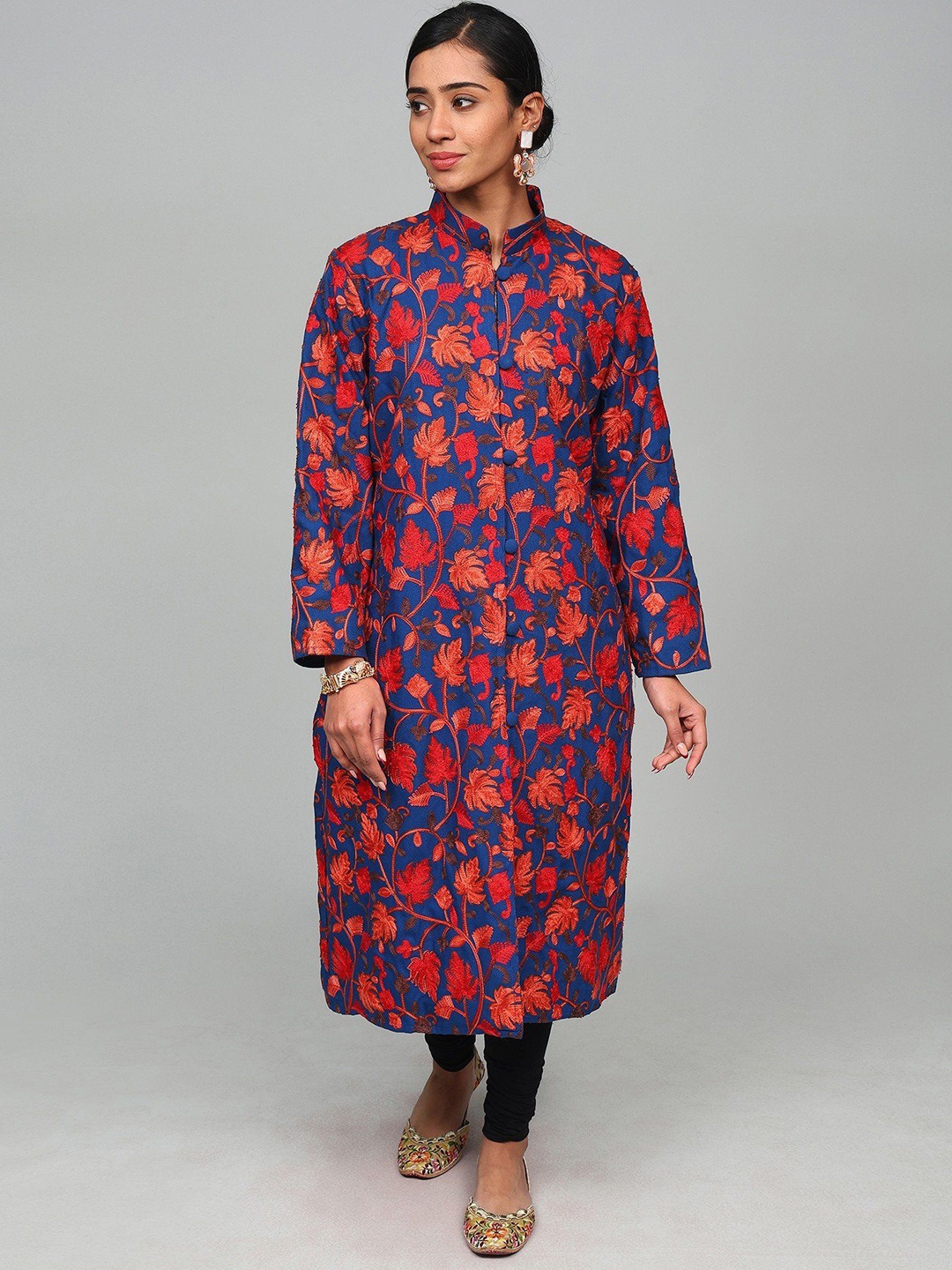 

Exotic India Women Floral Woollen Longline Tailored Jacket with Embroidered, Blue