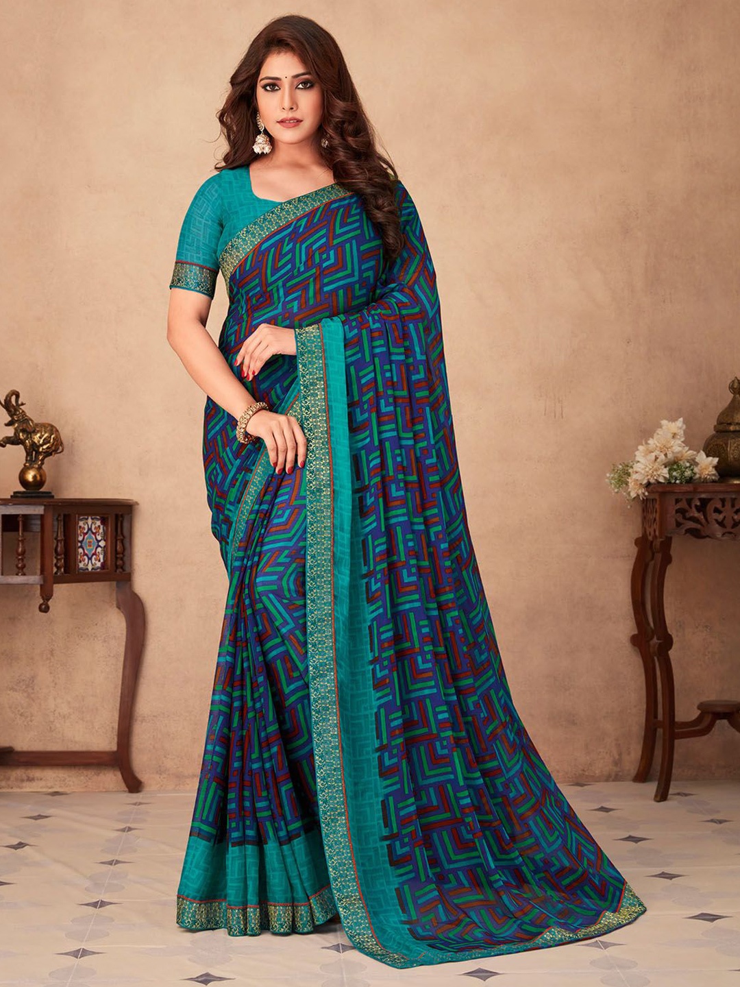 

LeeliPeeri Designer Poly Chiffon Saree, Blue
