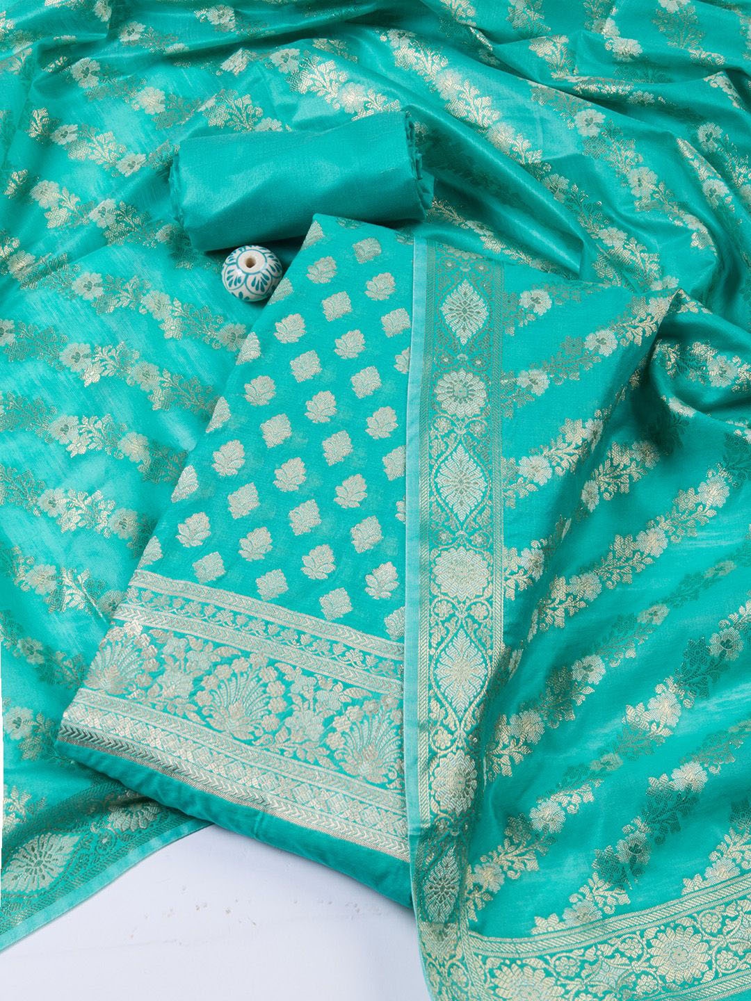 

Meena Bazaar Art Silk Unstitched Dress Material, Sea green