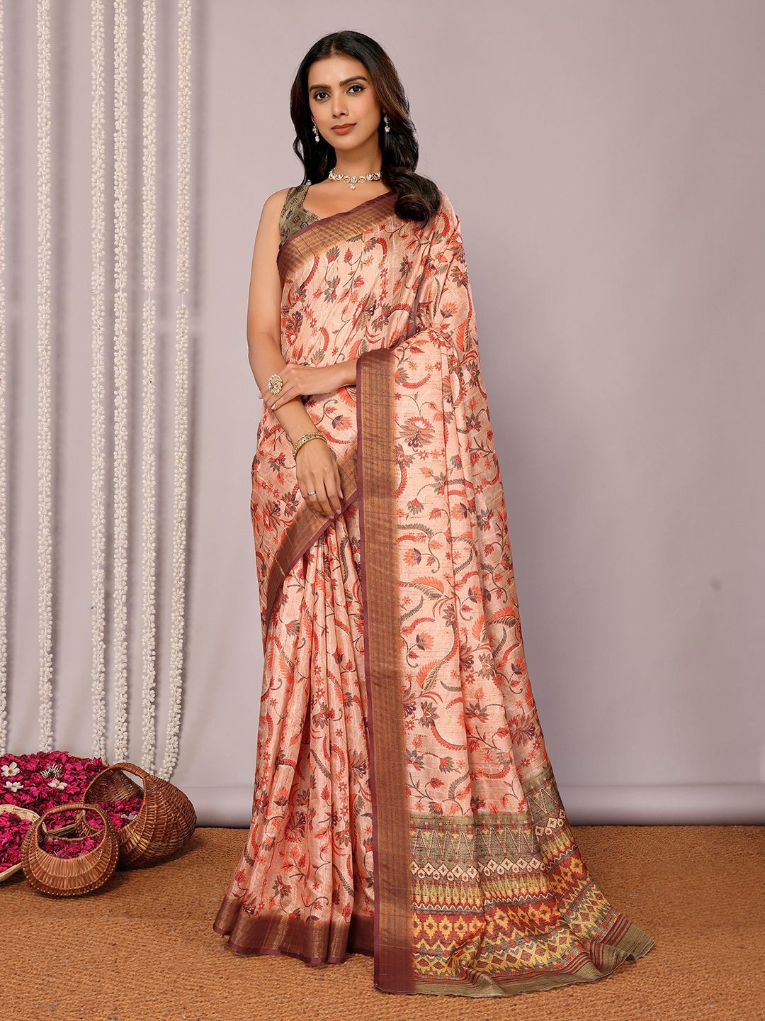 

Janasya Women Chanderi Silk Floral Printed Chanderi Saree with Unstitched Blouse Piece, Peach
