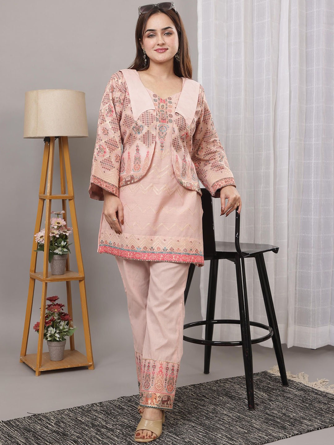 

KIDAR Printed Tunic With Trouser, Peach