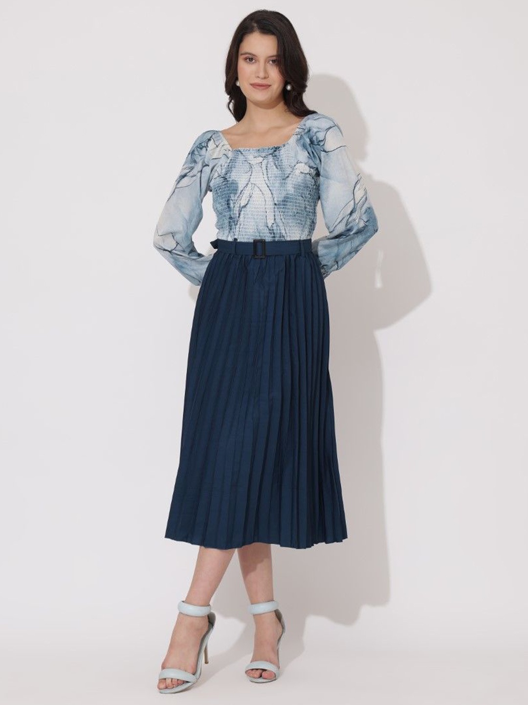 

Raiyani Fashion Print Applique Crepe Fit & Flare Dress, Blue