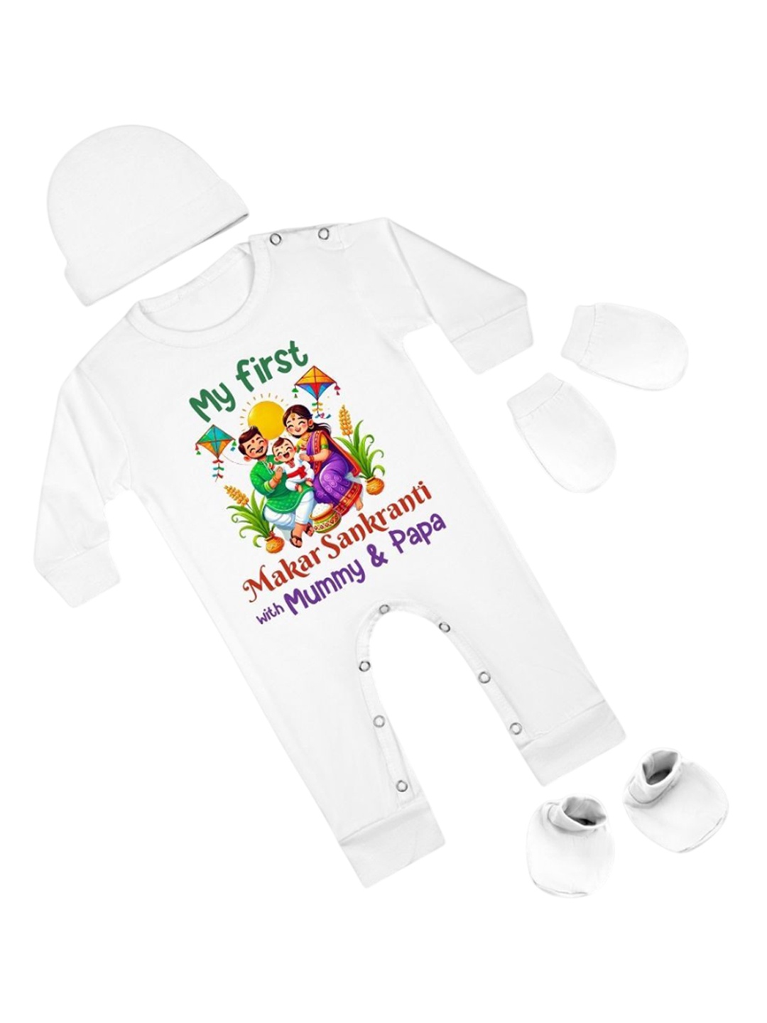 

Arvesa Infants My First Makar sankranti Printed Bodysuit with Cap Booties Mitten, White