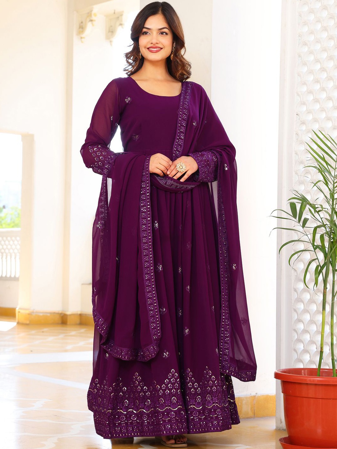 

Wedani Embroidered Fit & Flared Maxi Ethnic Dress With Dupatta, Purple