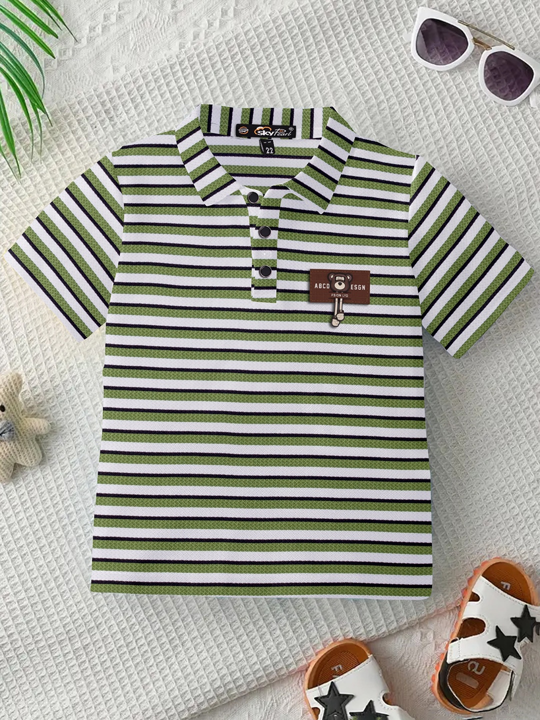 

SKY PEARL Boys Striped Polo Collar Pockets T-shirt, Green