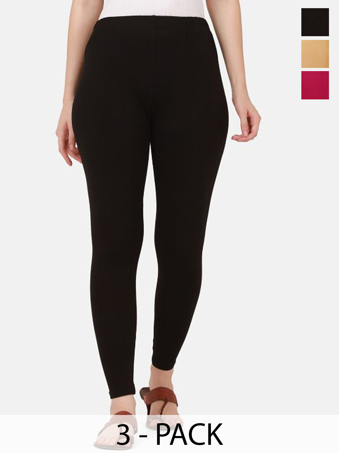 

DIMPY GARMENTS Pack Of 3 Pure Cotton Slim Fit Mid Rise Ankle Length Leggings, Pink