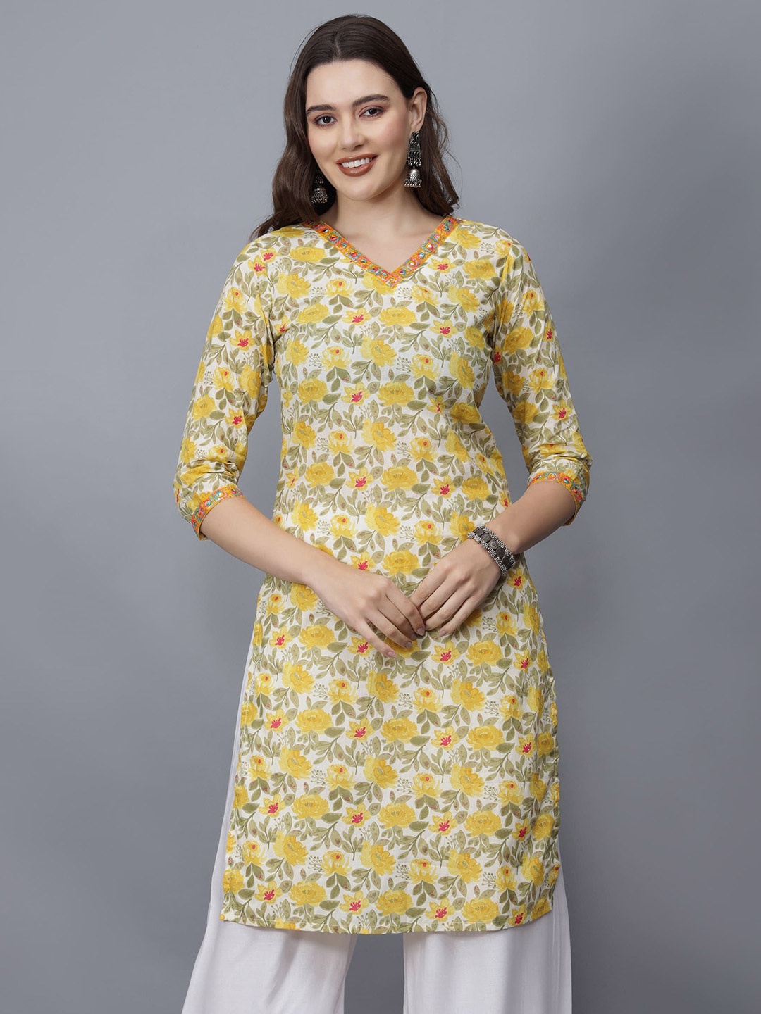 

ETRAANA Printed Pure Cotton V-Neck Kurta, Yellow