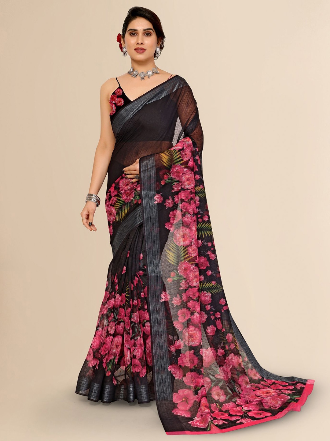 

Moda Rapido Floral Zari Saree, Black