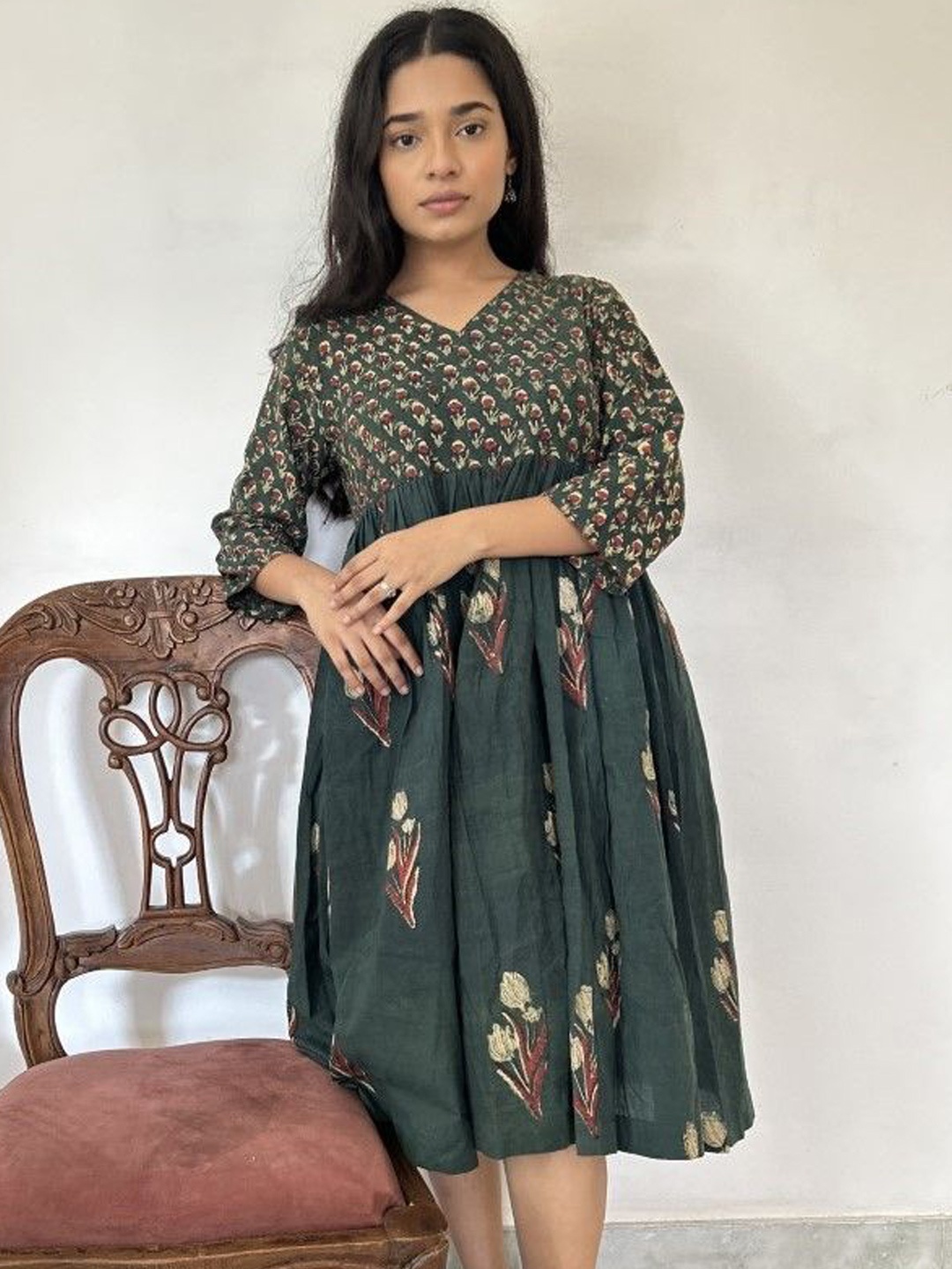 

GOODHAND Floral Print Peplum Dress, Green